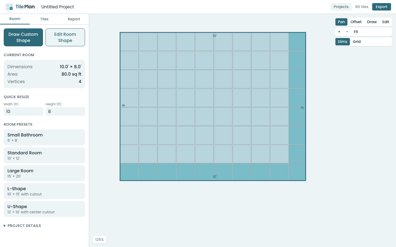 TilePlan web app showing a tile layout in a browser